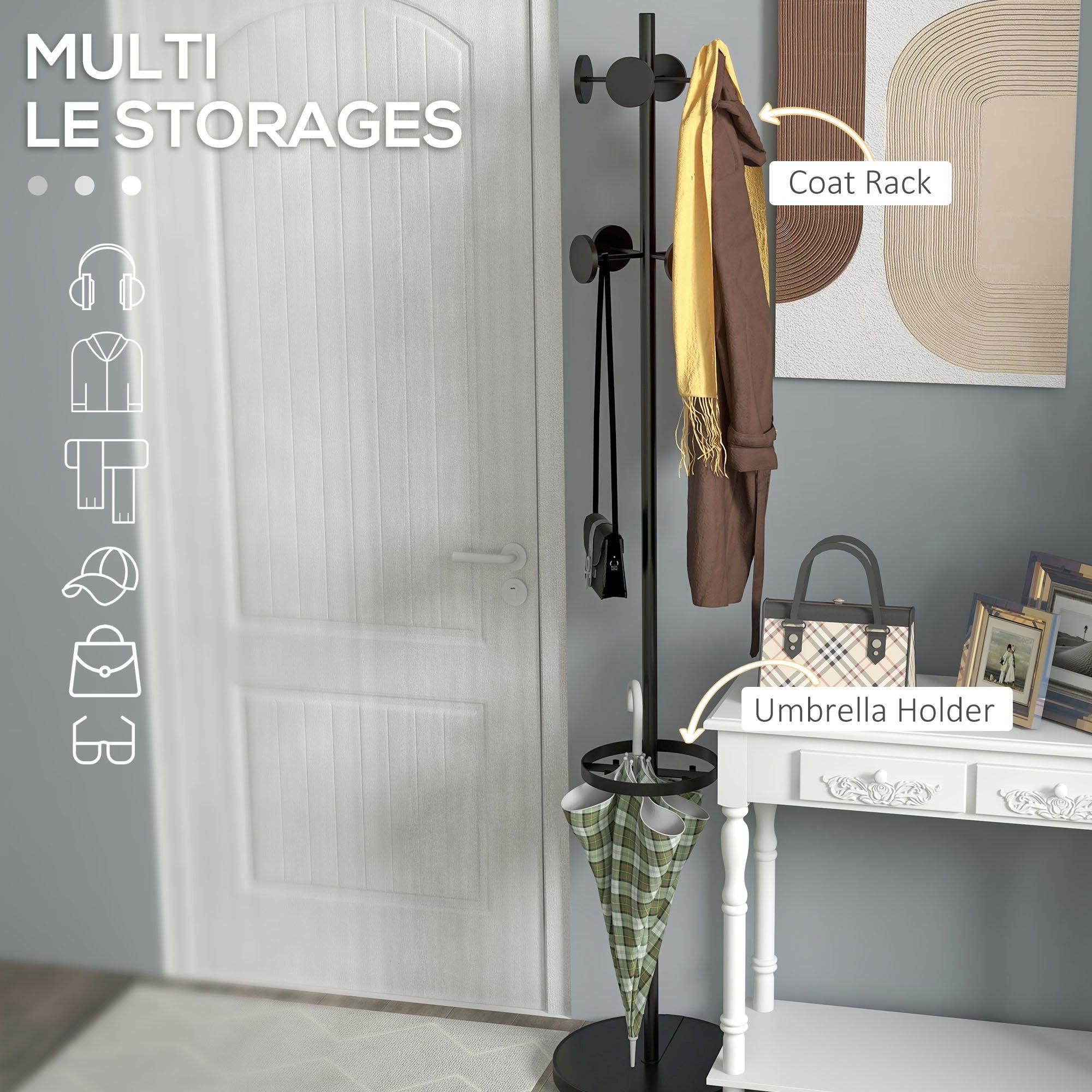 Easycomfort Appendiabiti da Terra con Portaombrelli e 8 Ganci a Disco in Metallo Ø34 x 177cm, Nero