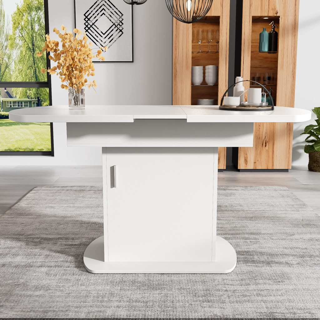 Tavolo da pranzo allungabile ovale con vani contenitore e armadietti, per cucina e sala da pranzo, in truciolato, bianco