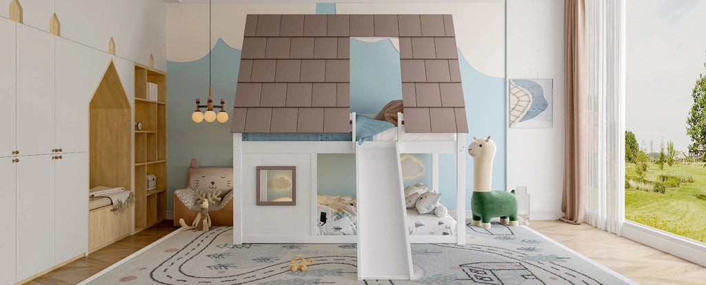 Letto a castello in legno a forma di casetta 140x200 cm con scivolo, scala, bianco e marrone