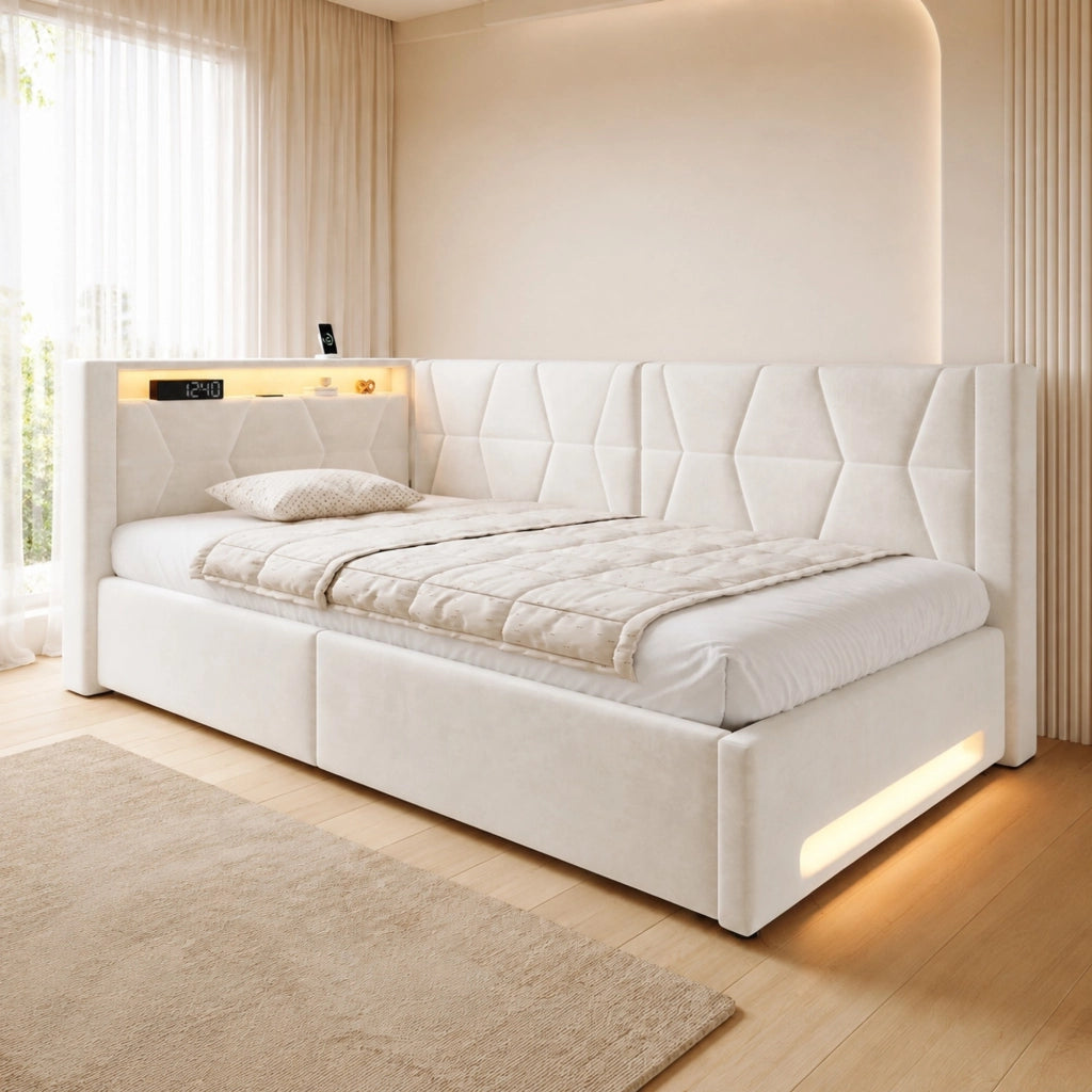 Letto imbottito 90x200 cm con contenitore; LED e USB Type-C in velluto beige