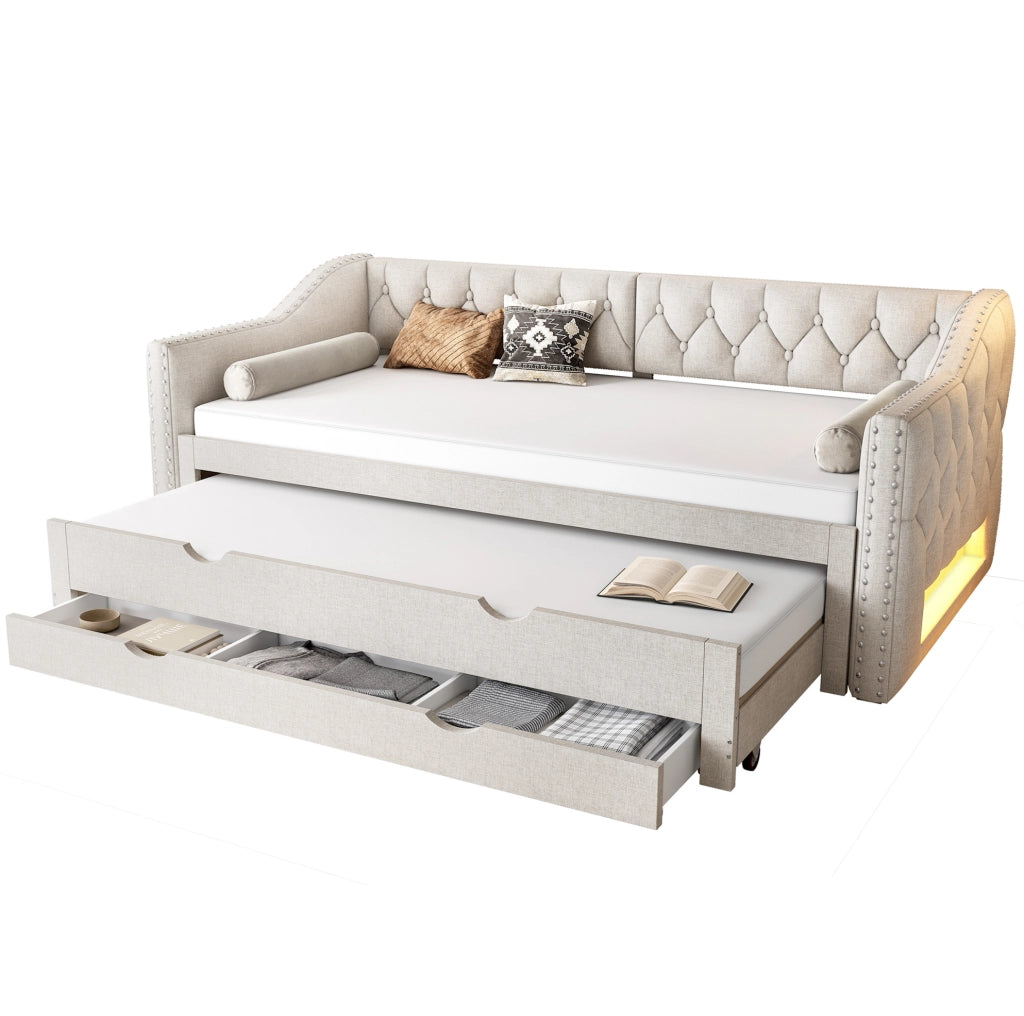 Letto da giorno 90x200 cm con LED; letto estraibile e cassetti in MDF e lino beige