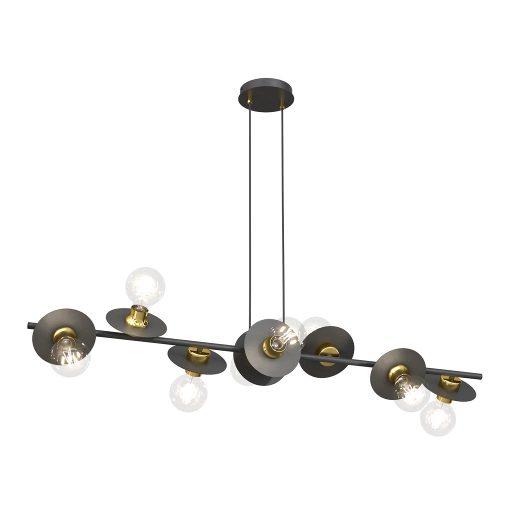Lampadario 8 Luci Sakhmet Acciaio Nero E Oro Con Barra E Diffusori A Piatti