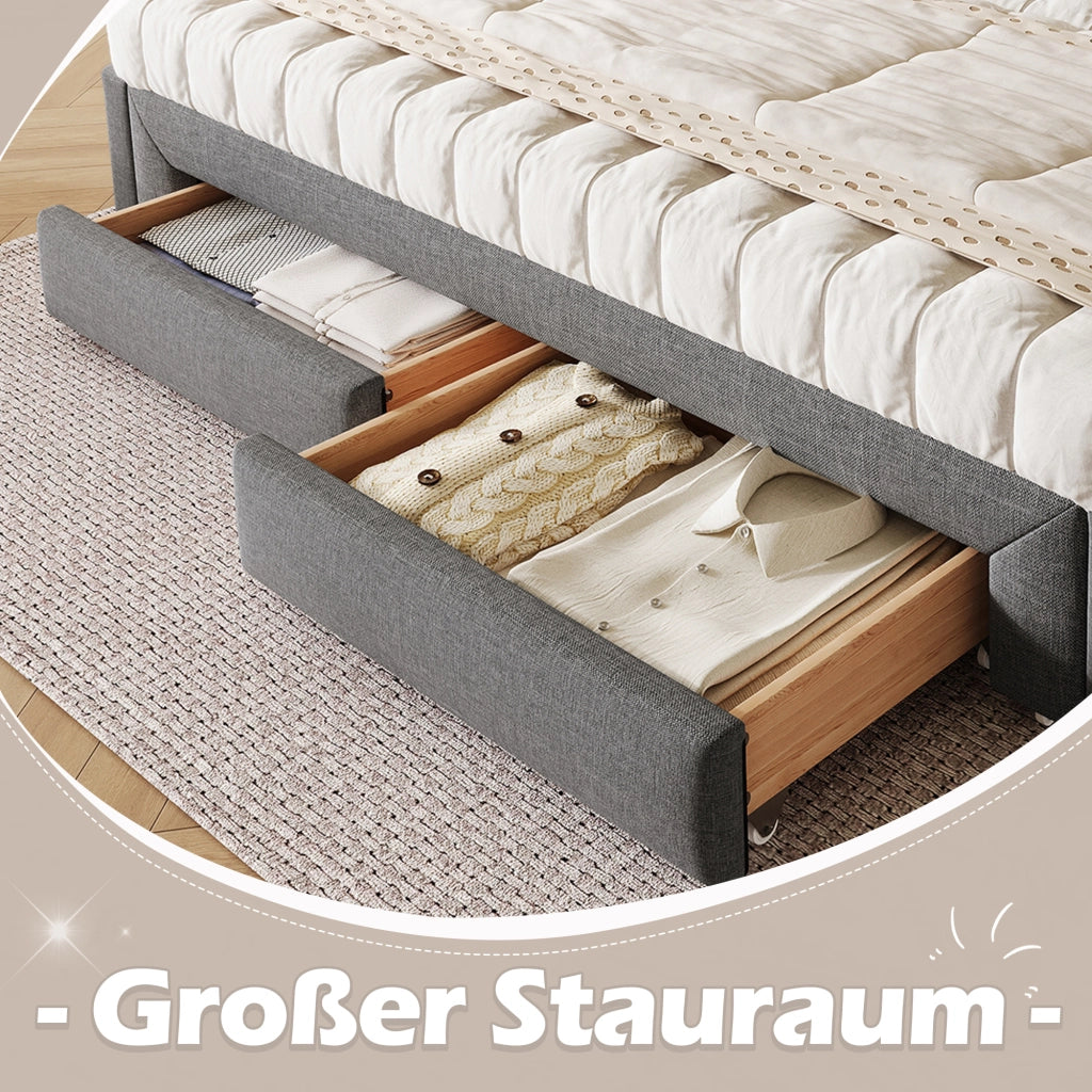 Letto estraibile singolo 90×200 cm con 2 cassetti; senza materasso; velluto; grigio