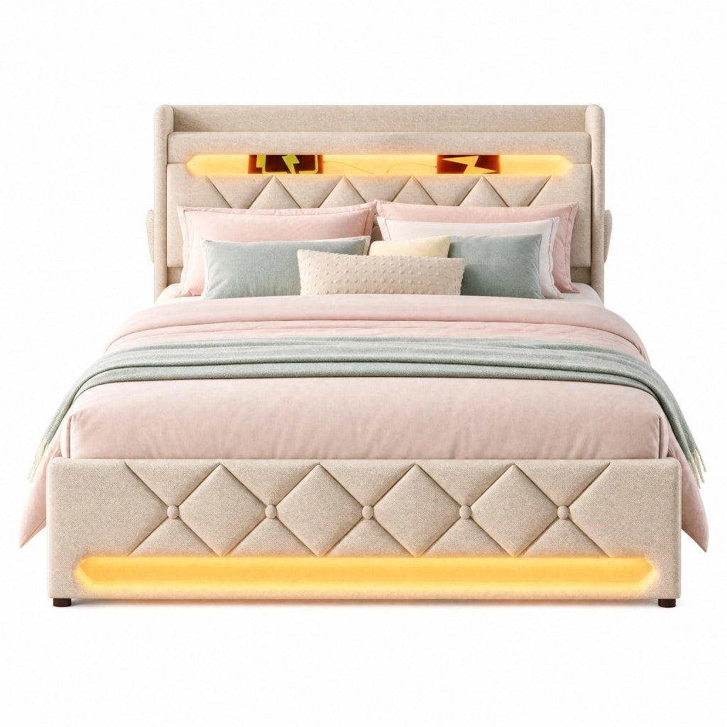 Letto matrimoniale 180x200 cm in lino beige con contenitore idraulico; LED e testiera con ricarica