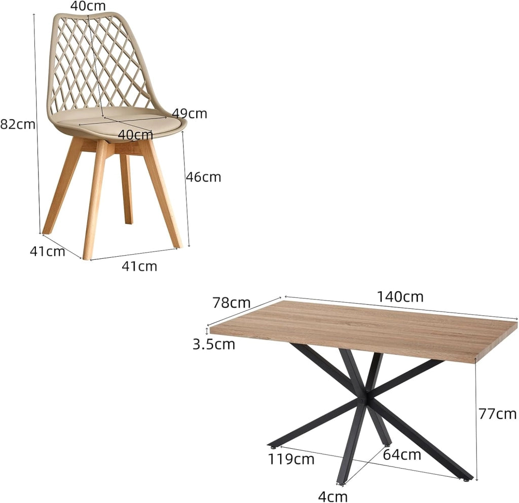 GrandCA HOME Set Tavolo e Sedie da Pranzo, Tavolo da Pranzo Rettangolare da 140 cm, 4 Sedie in Polipropilene a Rete, Adatto per Cucina, Sala da Pranzo e Soggiorno - Legno Chiaro + Kaki