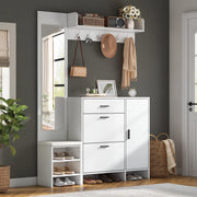 Mobile ingresso multifunzione 140x30x200 cm con specchio; scarpiera; ganci e panca; bianco