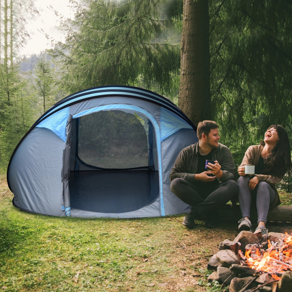 Tenda da Campeggio Pop Up 2 Posti con 2 Porte, 4 Finestre e Telo Impermeabile, 263.5x220x123 cm, Blu