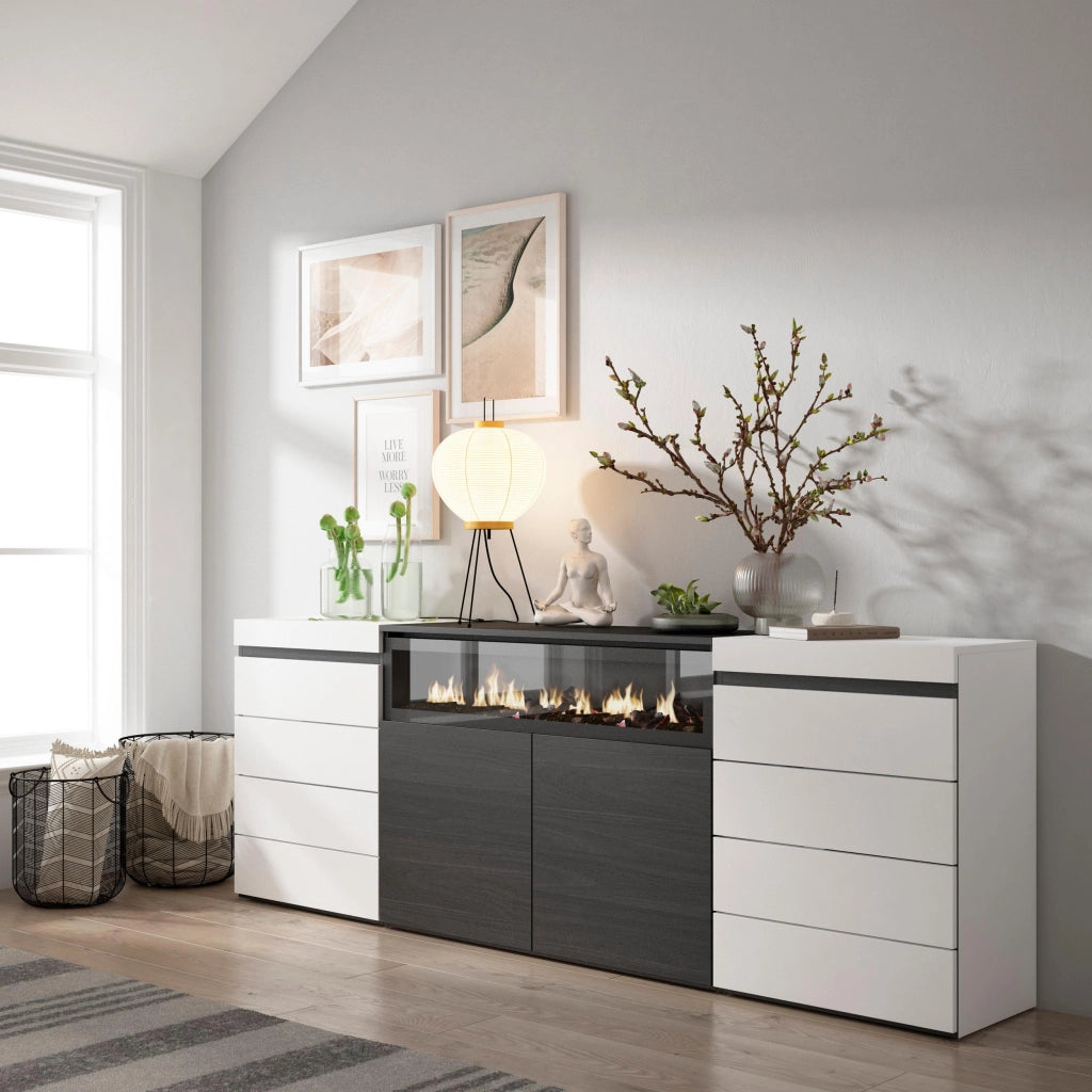 Cassettiera, 214x35x75cm, Camera da letto, Camino elettrico, Bianco e nero RF3425