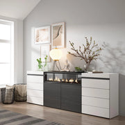 Cassettiera, 214x35x75cm, Camera da letto, Camino elettrico, Bianco e nero RF3425