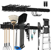 Supporto per attrezzi per giardino, rastrelliera per garage, regolatore di spazio per muri, supporto robusto in acciaio inox con 12 ganci, supporto per rastrella per pannelli per rastrella e conservazione di attrezzi (nero)