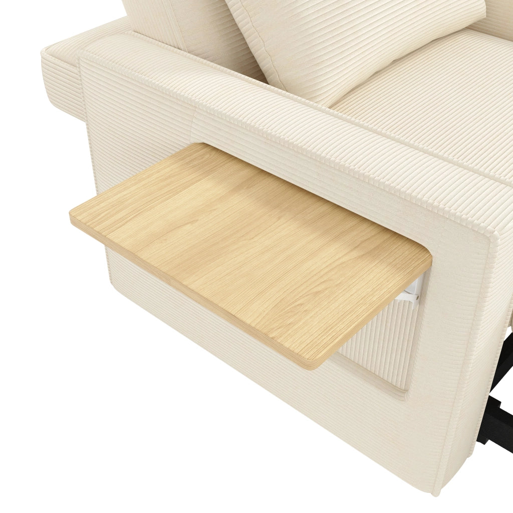 Divano Letto 1 Posto con Schienale Regolabile, Porta USB e Type-C, Supporto Smartphone 360°, con Tavolino e Tasche Laterali, in Velluto a Coste, Beige