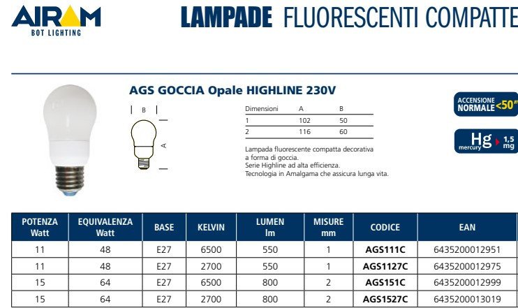 Lampada ai l.fredda fluor. gocc. ags151c e27 15w compatte decorat