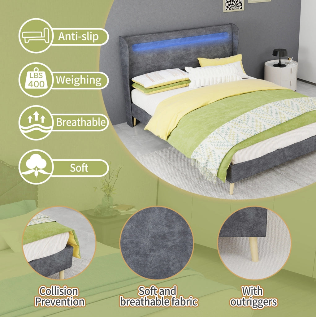 Letto basso 140x200 cm con testiera regolabile e LED multicolore; tessuto e metallo; grigio