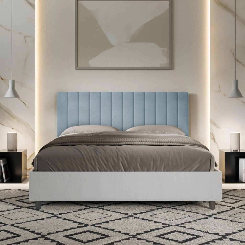BS COM Letto matrimoniale contenitore doppia alzata 160x200 bianco frassino testata microfibra azzurro