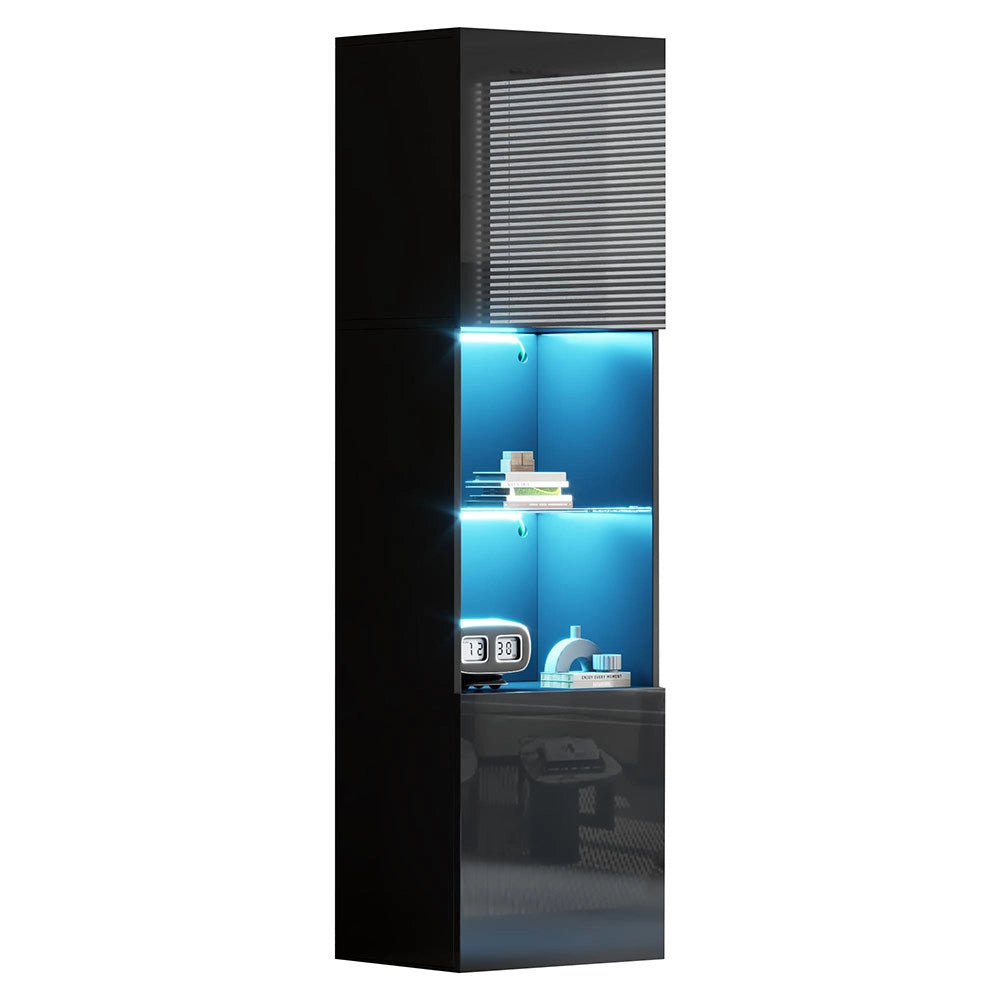 Armadio vetrina nero brillante - Xylo - 45*35*160 cm - Illuminazione LED, ripiano in vetro