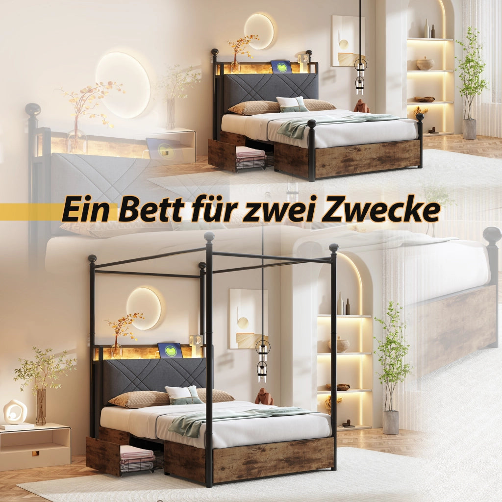 Letto singolo 90×190 cm con contenitore; LED; USB; Type-C e due cassetti; senza materasso; nero
