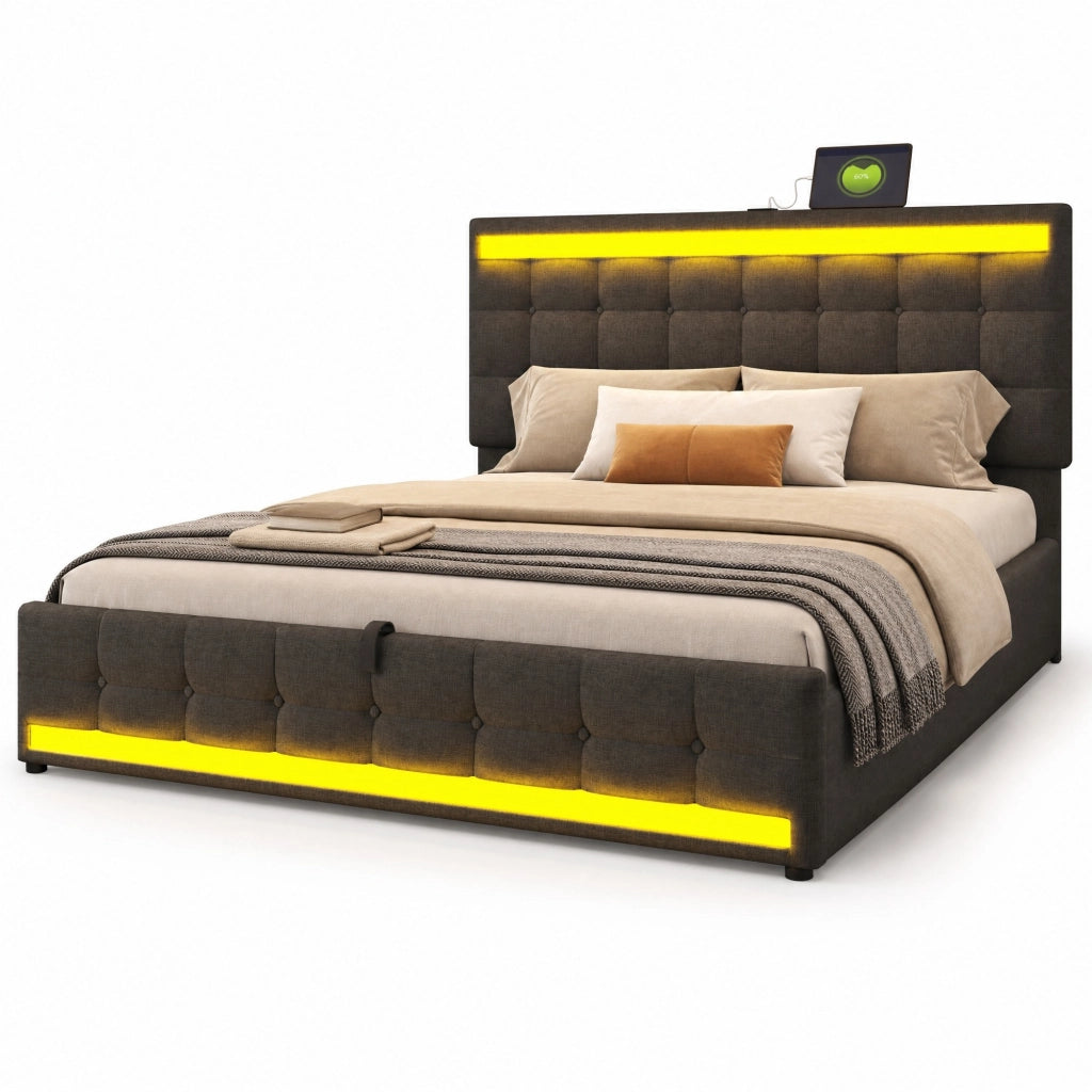 Letto imbottito matrimoniale 180x200 cm con LED RGB, USB integrati e contenitore del comfort moderno, Grigio