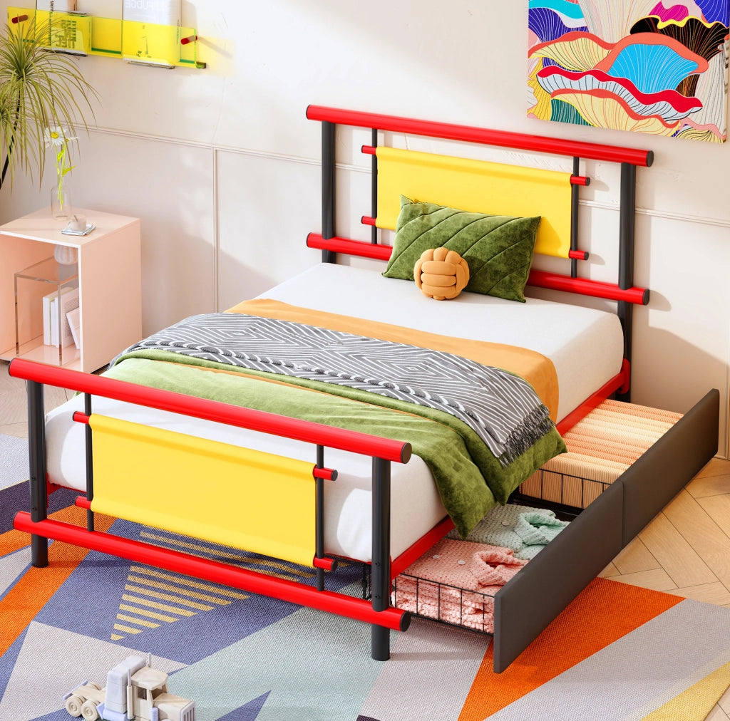 Letto singolo per bambini 90x200 cm in metallo rosso con cassetti integrati