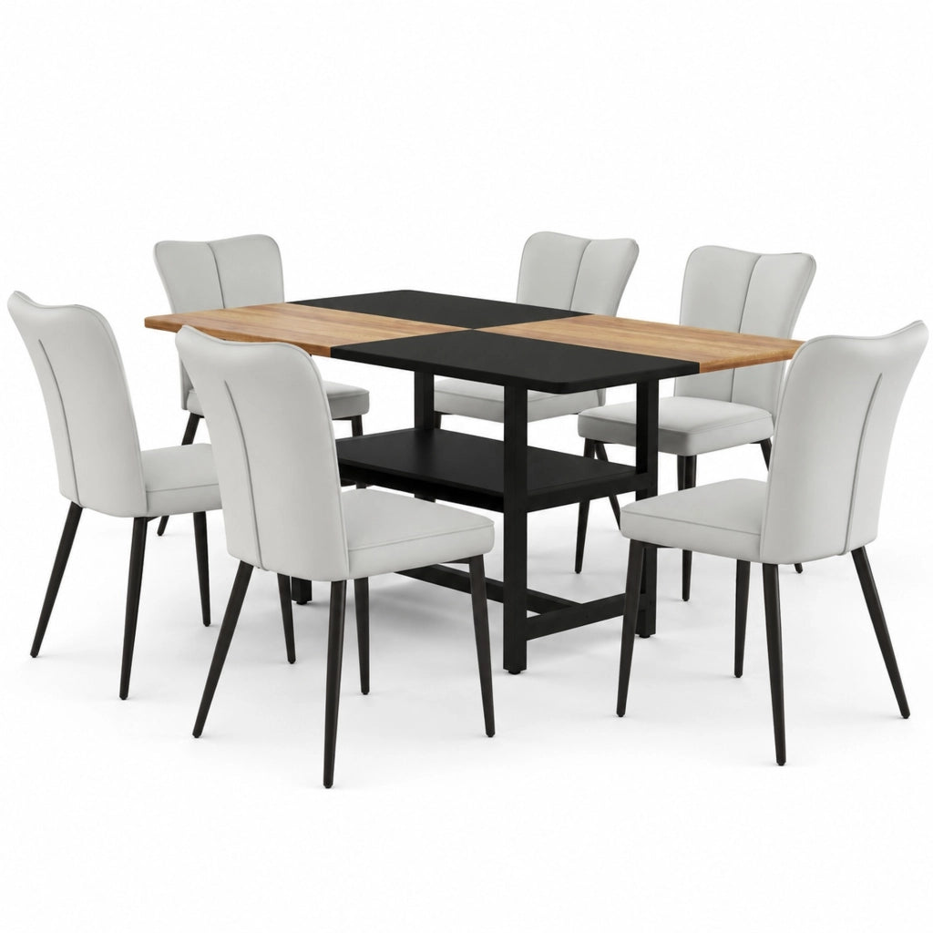 Set tavolo da pranzo e sedie con 1 tavolo rettangolare e 4 sedie; contenitore; in MDF e metallo nero; grigio chiaro
