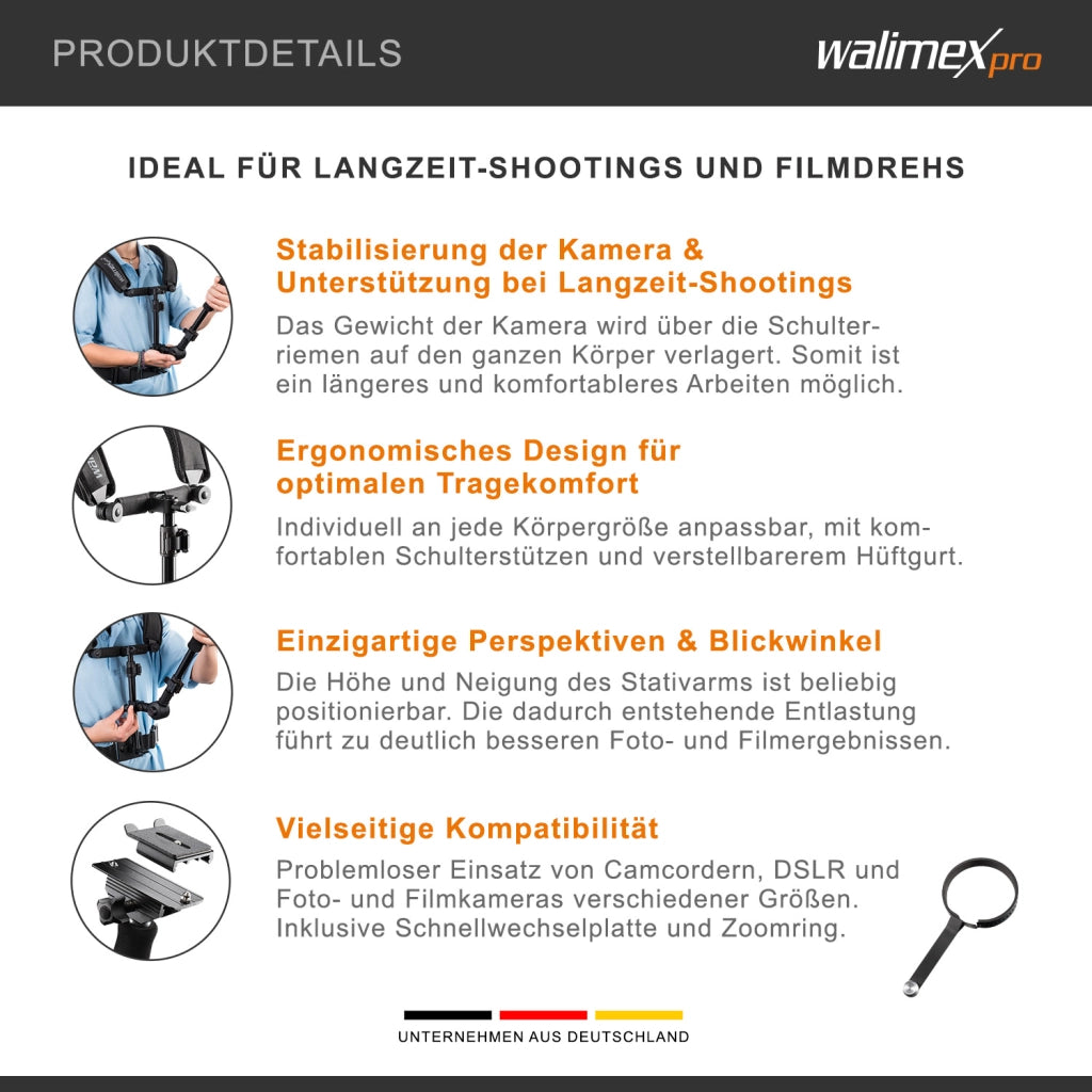 Treppiede a spalla video per fotocamera e videocamera, ergonomico, regolabile e confortevole, ideale per fotografie e riprese a lungo termine, con piastra a sgancio rapido e anello zoom