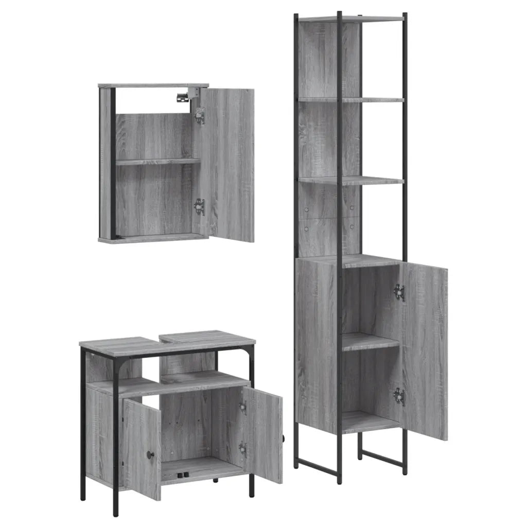 Set Mobili da Bagno | Armadio da bagno 3 pz Grigio Sonoma in Legno Multistrato