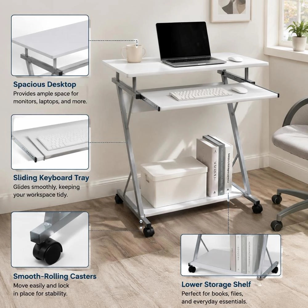Computer Table Computer Cart PC Table Office Table Laptop On Wheels White