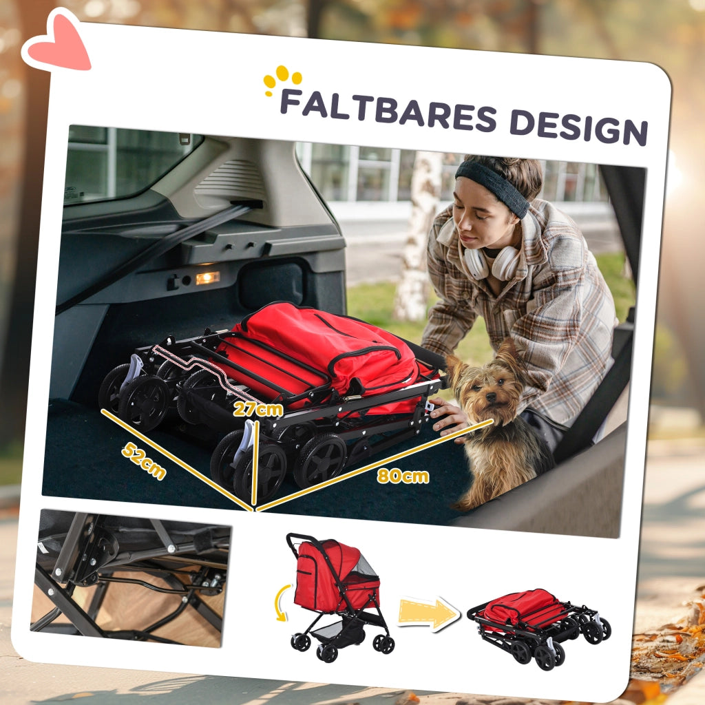 Carrello pieghevole con grande cesta per piccoli cani, cappottina regolabile, finestre in rete, in poliestere rosso