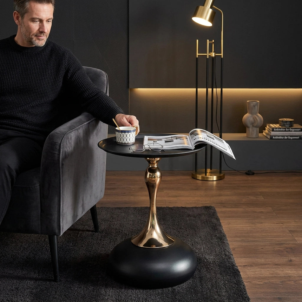 Tavolino basso rotondo con struttura in metallo, stile moderno, per soggiorno e camera da letto, in carbon steel, nero e oro