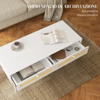Tavolino da Caffè Boho con 2 Cassetti e Ripiano, in Rattan e Truciolato, 120x50x50 cm, Bianco e color Legno