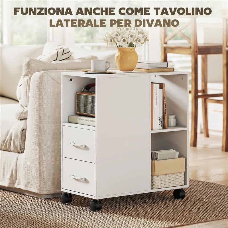 TAVOLINO CON RUOTE MINIMAL CON 2 CASSETTI, VANO APERTO E RIPIANO REGOLABILE, IN LEGNO, 60X30X65 CM, BIANCO
