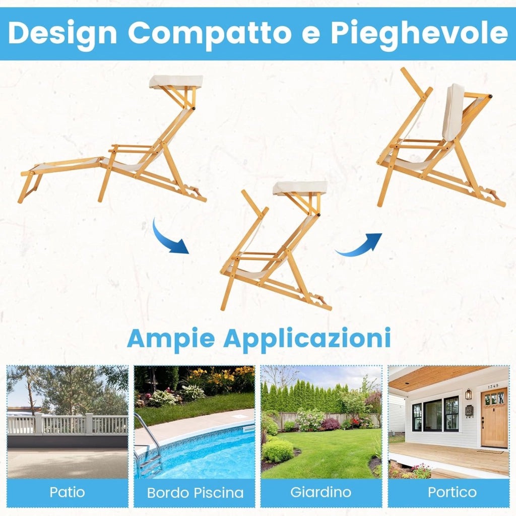 Sedia a Sdraio in Legno di Betulla, Lettino Prendisole da Giardino, Sedia da Spiaggia Pieghevole con Cappottina Regolabile e Rimovibile, Schienale Reclinabile e Poggiapiedi, Portata 100 kg