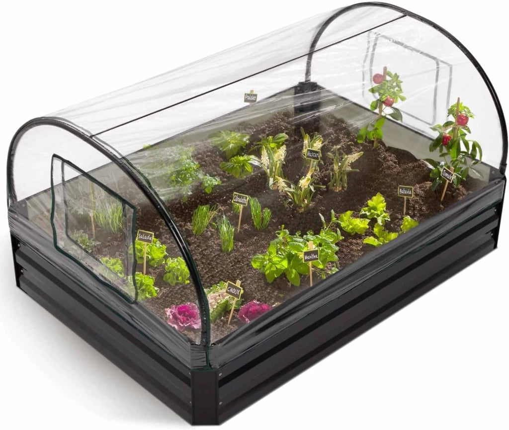 Kit Completo di 3 vasche modulari in Metallo per orto e Serra di pomodori + Traliccio + Copertura