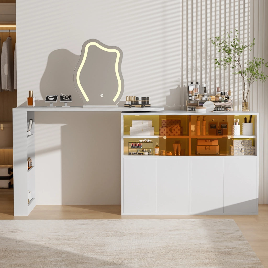 Tavolo da toeletta girevole con LED; ampio spazio multistrato; utilizzabile anche come scrivania; Bianco; 177×40×131;5cm