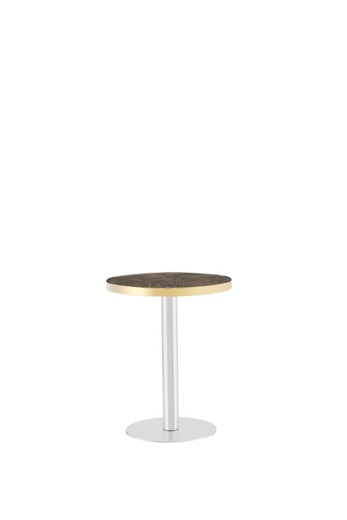Tavolino basso rotondo con piano effetto marmo, base cilindrica e bordo in acciaio dorato, in MDF, grigio