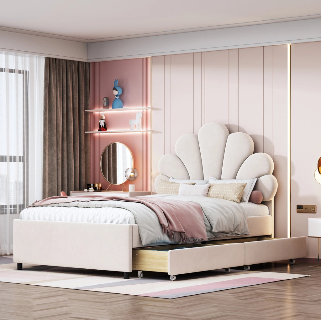 Letto imbottito per bambini 90 x 200 cm in velluto beige con 2 cassetti e testiera decorativa