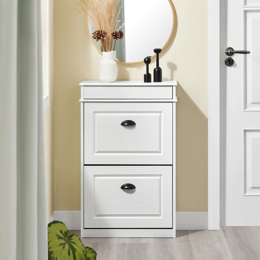 SoBuy FSR78-WG Scarpiera Salvaspazio Slim Mobiletto da Ingresso con 2 Ante a Ribalta Armadio Portascarpe Scarpiera Moderna per Ingresso, Corridoio o Camera 54x24x82cm Effetto Legno Invecchiato Bianco