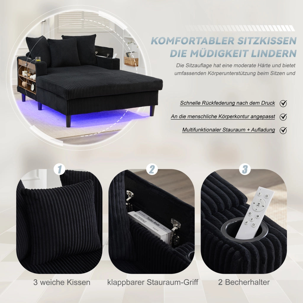 Chaise longue con portabicchieri, luci LED, tasca laterale, vano contenitore e porta USB in velluto a coste nero