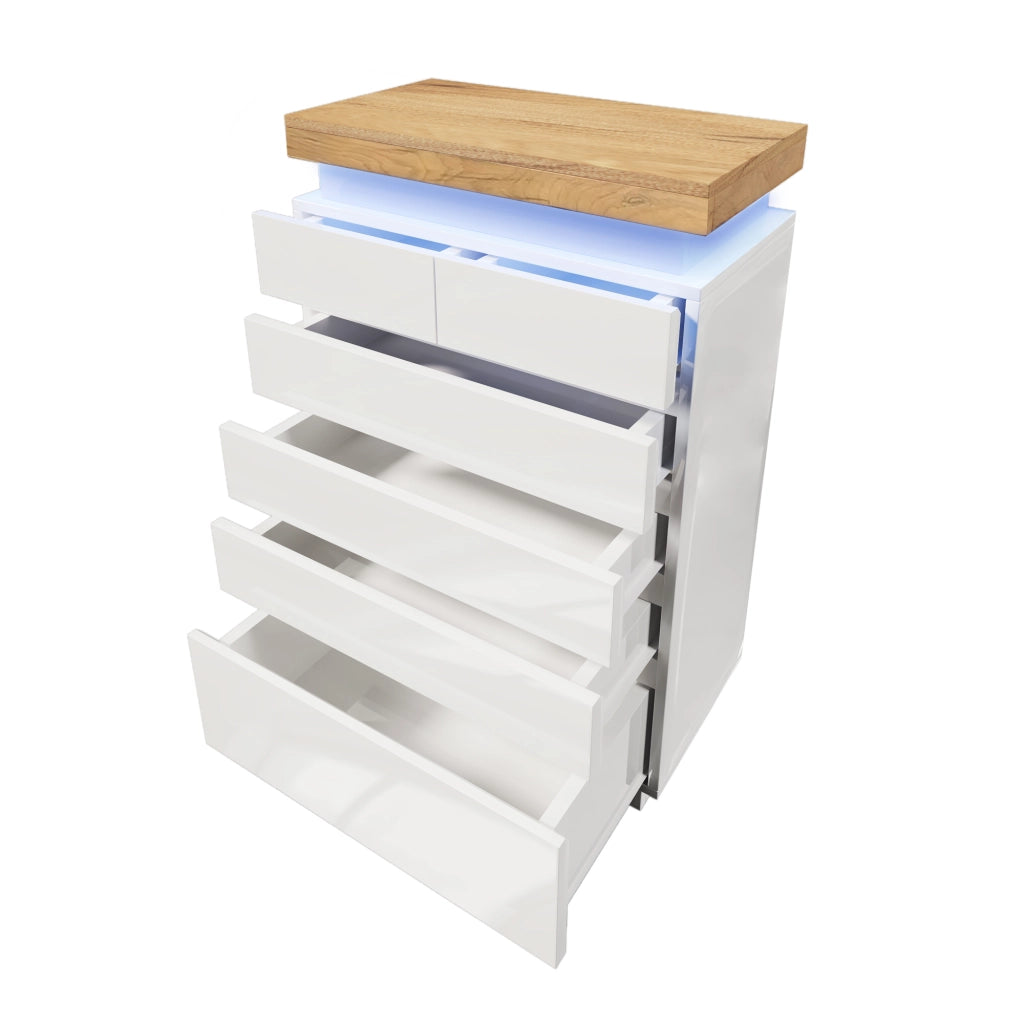cassettiera con 6 cassetti e LED in pannello truciolare e MDF bianco per soggiorno e camera 115 × 73 × 39 cm