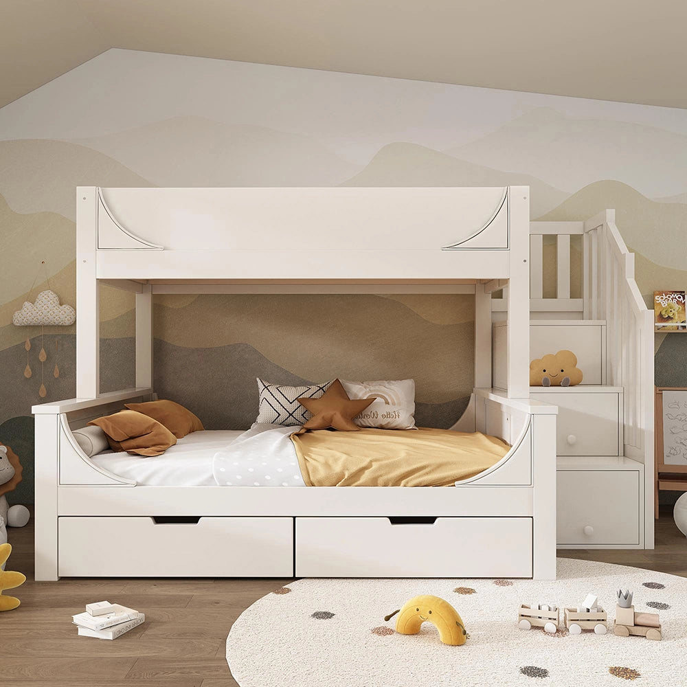 Letto a castello-Xylo-90x200+140x200cm, scala, cassetti, design slitta, bianco