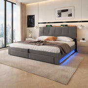 Letto contenitore imbottito 180x200 cm in lino grigio con LED; USB e ricarica USB-C