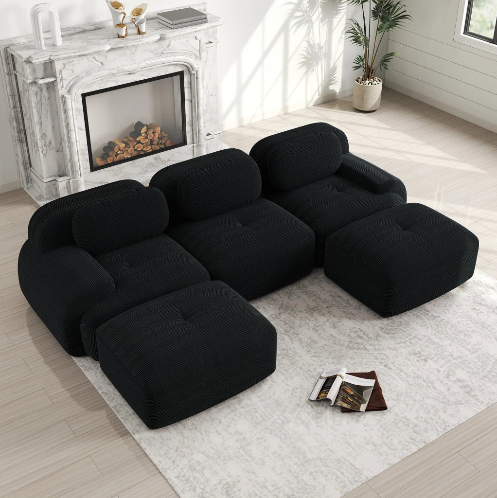 Divano angolare modulare 298x178x70 cm in velluto a coste nero; senza montaggio