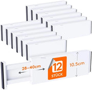 Set di 12 divisori in plastica per cassetto con larghezza interna 27-40 cm e altezza 10,5 cm, sistema di organizzazione regolabile per armadio/camera da letto/comodino/cucina/ufficio, bianco