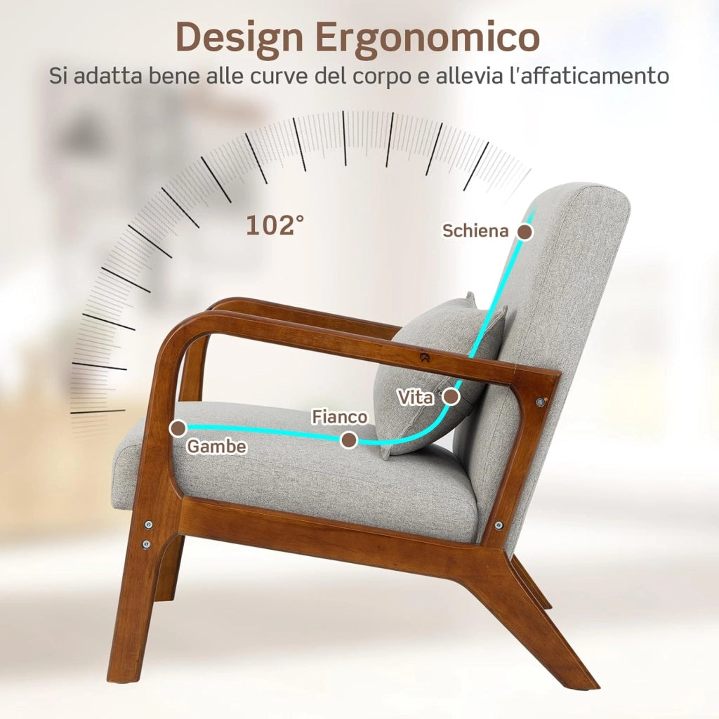 Poltrona da Salotto, Sedia da Soggiorno con Cuscino Lombare, Poltrona Moderna Imbottita, Telaio in Legno di Gomma, per Soggiorno, Camera da Letto, Portata 150 kg (Grigio)