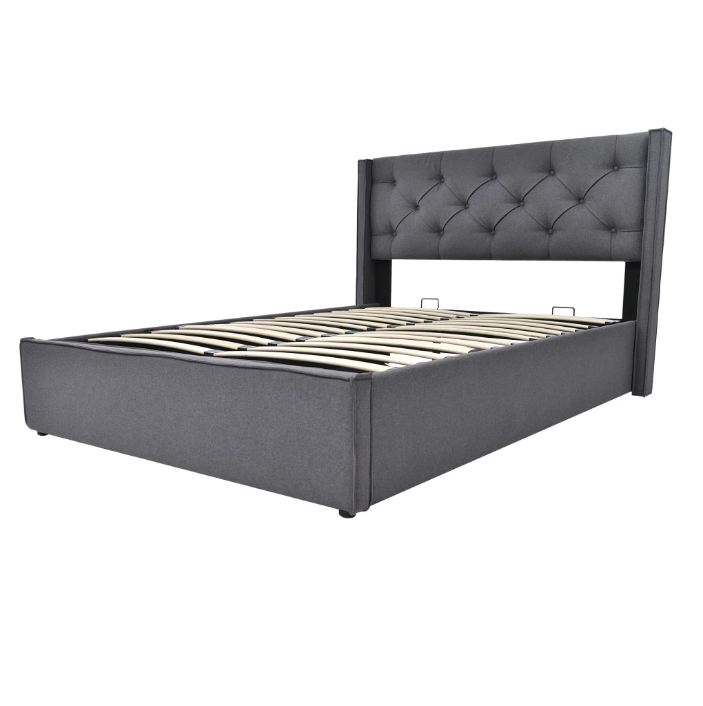 Letto matrimoniale imbottito 140x200 cm con contenitore e rete a doghe; grigio