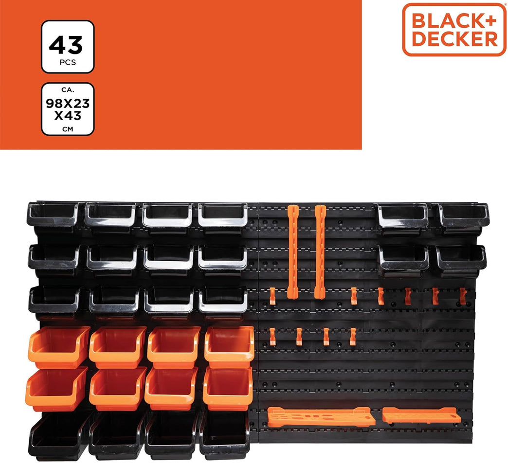 BLACK+DECKER Porta Attrezzi a Parete 43 Pz Organizer in Plastica Muro 98x23x43cm