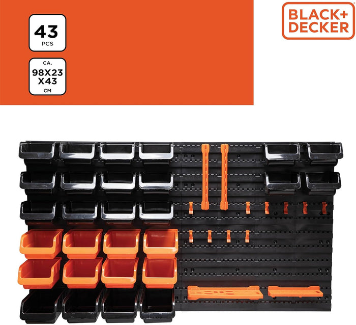 BLACK+DECKER Porta Attrezzi a Parete 43 Pz Organizer in Plastica Muro 98x23x43cm