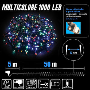 Catena Luminosa 1000 LED Mini Lucciole Multicolore 8 Funzioni Interno Esterno