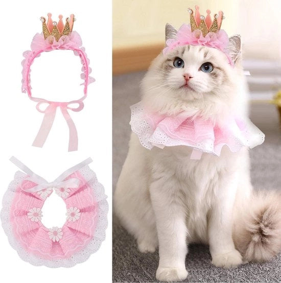 Costume per bambina - corona con bordi decorativi - abito rosa per festa di compleanno - accessori per gatti e piccoli cani