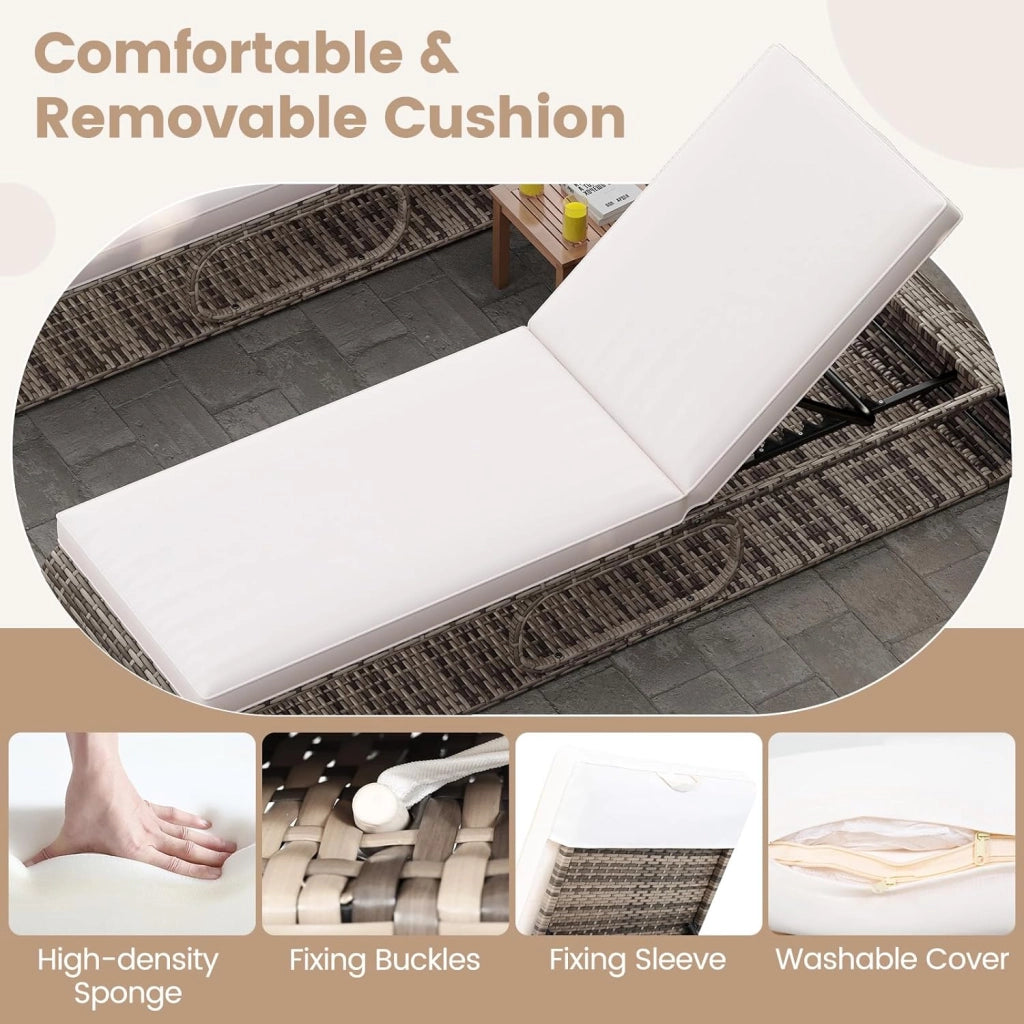 Lettino Prendisole, Sdraio da Giardino con Schienale Regolabile a 7 Livelli, Letto da Giardino in Polyrattan con Cuscini Comodi, per Piscina, Terrazza, Giardino, Bianco