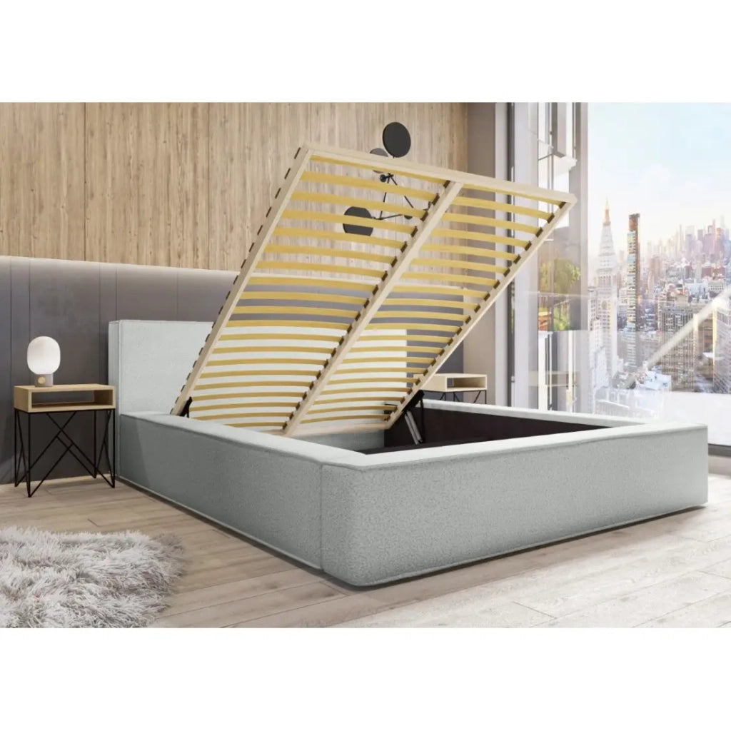 Letto contenitore VELORA – Bianco riccio – 140x200 cm – Tessuto effetto lana – Rete sollevabile – Contenitore integrato